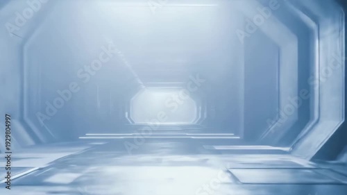 Traversing a dark, futuristic science fiction tunnel with glowing blue neon lights and an ethereal light source at the end.