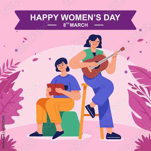 Empowered women celebrating International Women's Day with music and reading activities, flat vector illustration