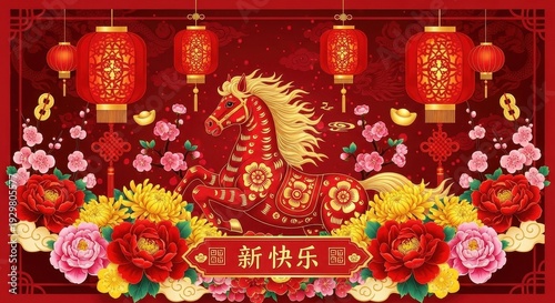 Chinese New Year Horse Lanterns Flowers Celebration.