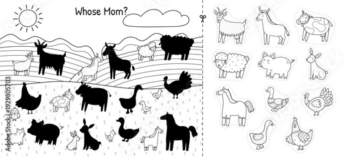 Whose Mom cut and glue game with cute farm animals in outline. Mother and baby matching activity page for kids in black and white.  Funny printable template. Vector illustration