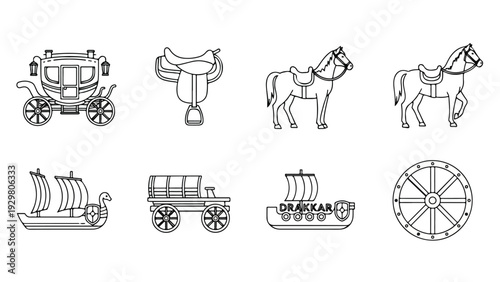 A set of eight black and white line drawings depicting various historical and transportation icons including a carriage, saddle, horses, a wagon, ships and a wheel, arranged in two rows on
