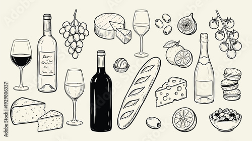 Hand drawn wine party elements