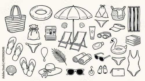 Hand drawn doodle beach essentials collection