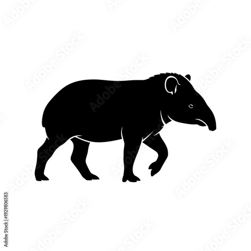 Silhouette of a tapir walking to the right on a white background.