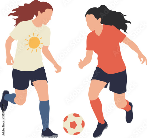 Two girls playing soccer on white background Keywords: soccer, football, girls, women, sport