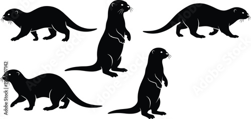 Vector set of black otter silhouettes, cute weasel animal collection in different poses isolated on white for nature river wildlife aquatic pet design