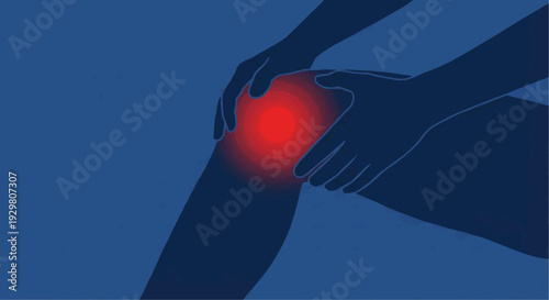 Knee joint pain vector illustration showing red glowing spot on human leg silhouette.