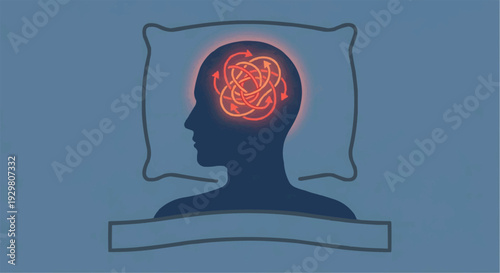 Insomnia and mental stress vector illustration showing red glowing tangled brain on head silhouette.