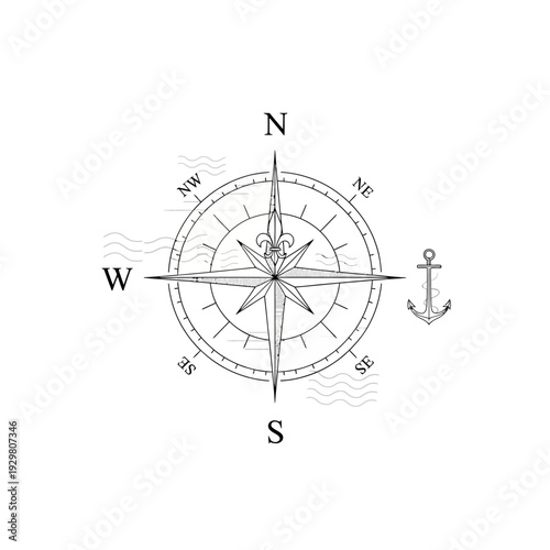 Elegant compass rose with anchor and nautical waves illustration on white background.