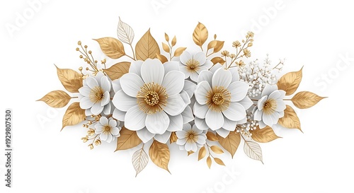 Elegant floral arrangement with white flowers and gold accents on white background