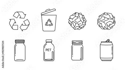 Line drawing of various recyclable materials and containers on a white background with a minimalist style.