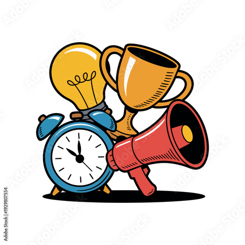 A colorful illustration of a clock, lightbulb, trophy, and megaphone