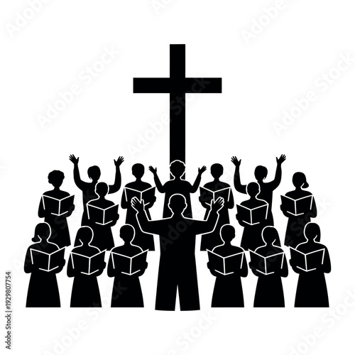 A group of people gathered around a large cross