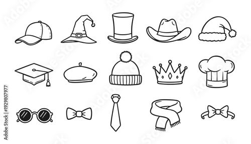 Hand Drawn Hat and Accessory Outline Icon Set with Cap, Witch Hat, Top Hat, Cowboy Hat, Crown, Chef Hat and Tie