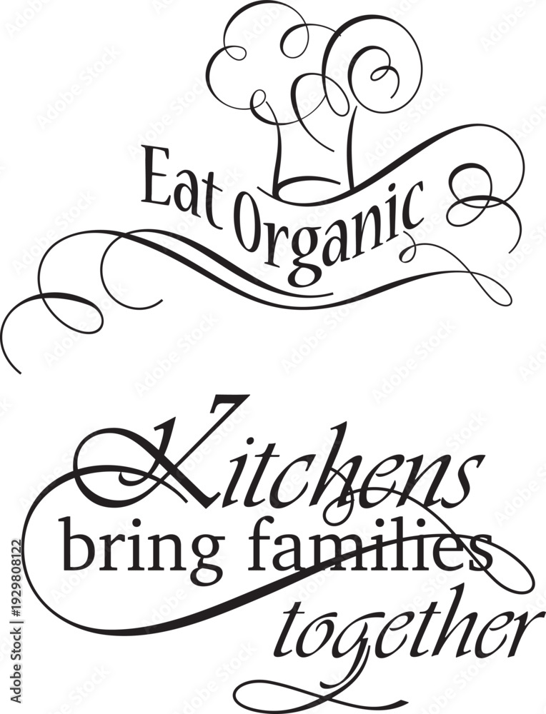 Fototapeta premium Kitchen and food quote decors, vector wall art series. Ornamental calligraphy inspirational sign designs, lettering phrases for wall decals, house and restaurant interior decor quotes, home signs.