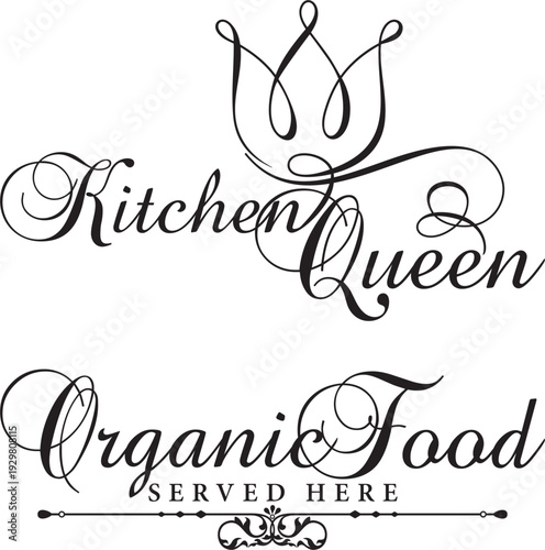 Kitchen and food quote decors, vector wall art series. Ornamental calligraphy inspirational sign designs, lettering phrases for wall decals, house and restaurant interior decor quotes, home signs.