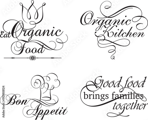 Kitchen and food quote decors, vector wall art series. Ornamental calligraphy inspirational sign designs, lettering phrases for wall decals, house and restaurant interior decor quotes, home signs.