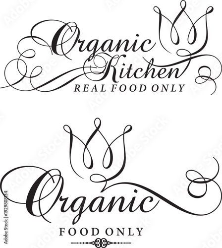 Kitchen and food quote decors, vector wall art series. Ornamental calligraphy inspirational sign designs, lettering phrases for wall decals, house and restaurant interior decor quotes, home signs.