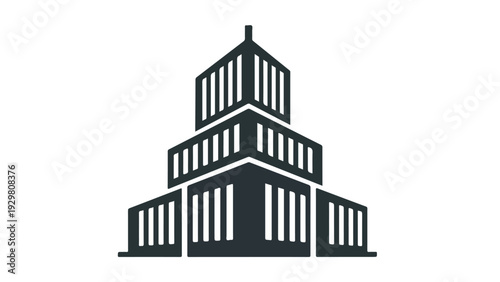 A minimalist graphic illustration of a modern building with a stepped silhouette against a white background.