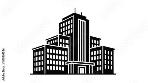 Monochrome illustration of a cityscape with multiple buildings of varying heights against a white background.