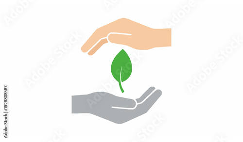 Protective hands and leaf eco concept minimal flat vector isolated on white