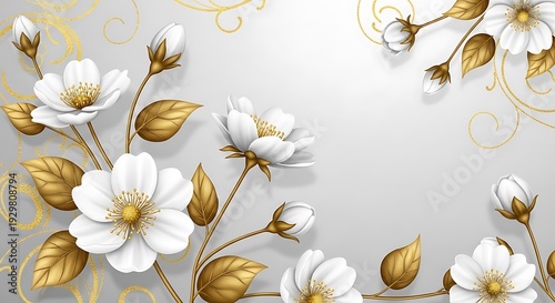 Beautiful floral design with white flowers and gold leaves on light gray background
