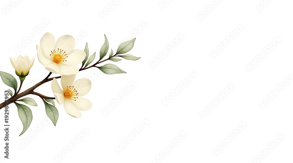 Fototapeta premium Delicate white camellia flowers and a bud bloom on a slender branch with soft green leaves