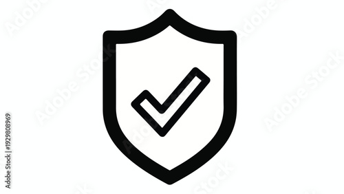 A black shield icon with a checkmark on a white background, simple line art style, conveying security and verification.