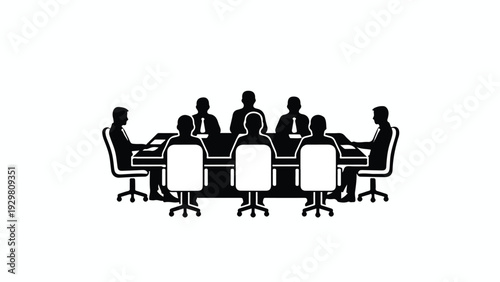 A group of business professionals sitting around a conference table in a meeting with a minimalist black and white design.