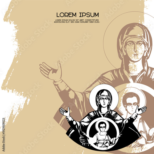 Religious vintage poster template with Blessed Virgin Mary and Jesus Christ. Christian illustration in Byzantine style