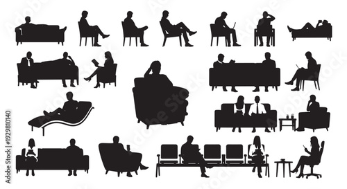 People Sitting Silhouette Set, Men and Women on Sofa Chair Couch Waiting Room Business Vector