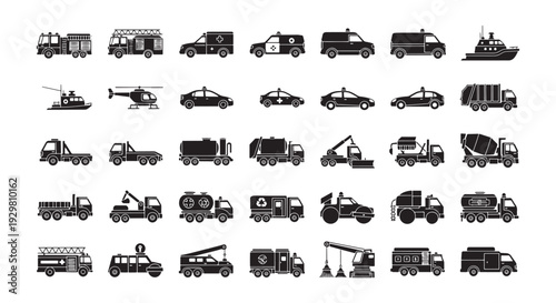 Emergency and Service Vehicles Silhouette Icon Set, Police Ambulance Fire Truck Tow Garbage Cement Mixer Vector