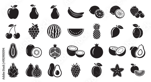  Fruit Silhouette Icons Set, Apple Banana Citrus Berries Tropical Food Vector Collection Isolated