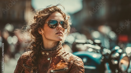 Stylish young woman in leather jacket and sunglasses with a motorcycle