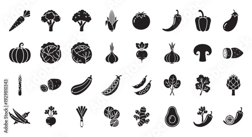 Vegetable Silhouette Icons Set, Healthy Food Produce Farming Grocery Black Vector Collection