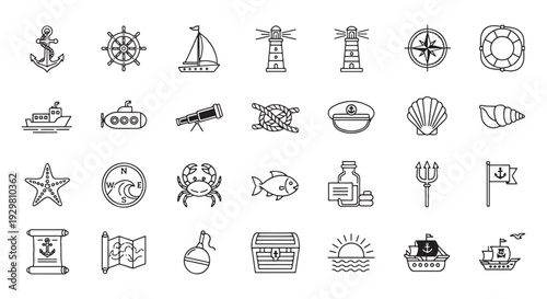 Nautical Line Icons Set Vector, Marine Ocean Sailor Symbols Anchor Ship Lighthouse Compass Outline Collection