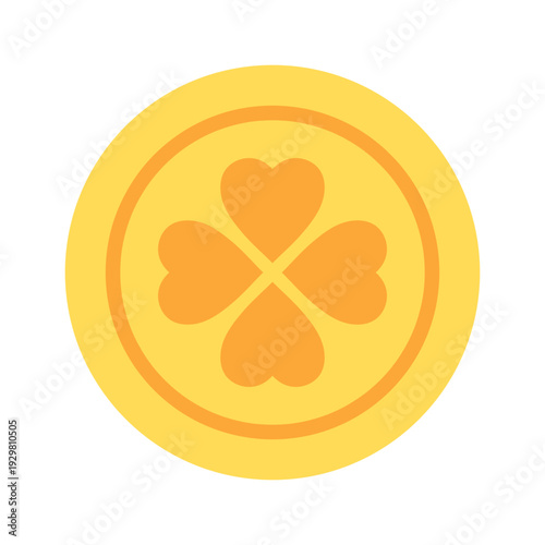 Gold coin illustration with clover symbol in flat style. Lucky Irish currency icon for St. Patrick celebration, holiday decor, festive print and party design. Vector. Hand drawn. Isolated background.