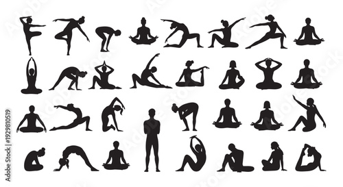 Yoga Pose Silhouettes Set, Women Fitness Stretch Meditation Asanas Vector Collection 