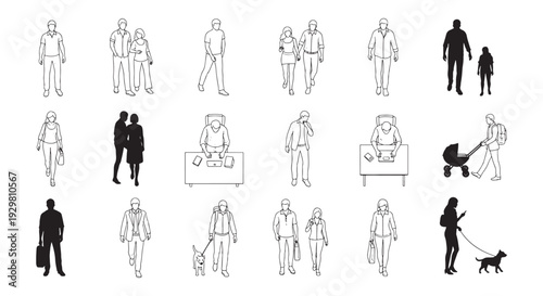 People Line Art and Silhouette Set, Walking Couples Office Top View Desk Stroller Dog Vector Outline Collection