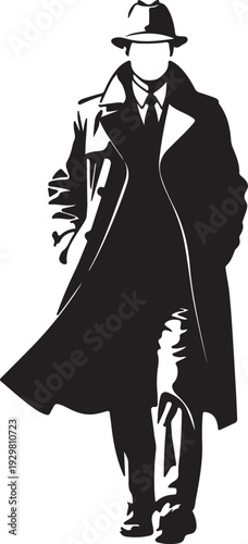 Stylish detective silhouette, mysterious man in trench coat and fedora hat, walking with enigmatic posture, secret agent character