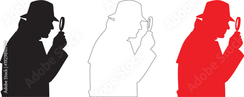 Detective silhouette, mystery investigation, spy in a fedora hat with a magnifying glass, secret agent looking for clues
