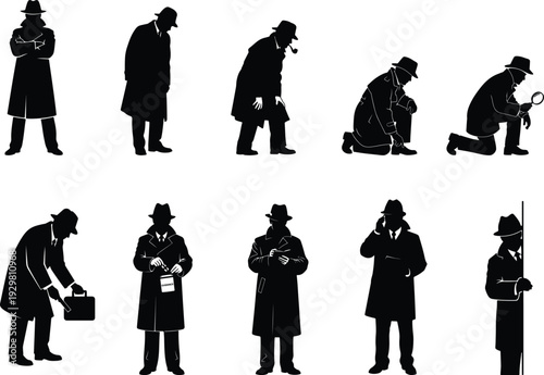 Private investigator silhouette collection featuring crime scene analysis and evidence gathering