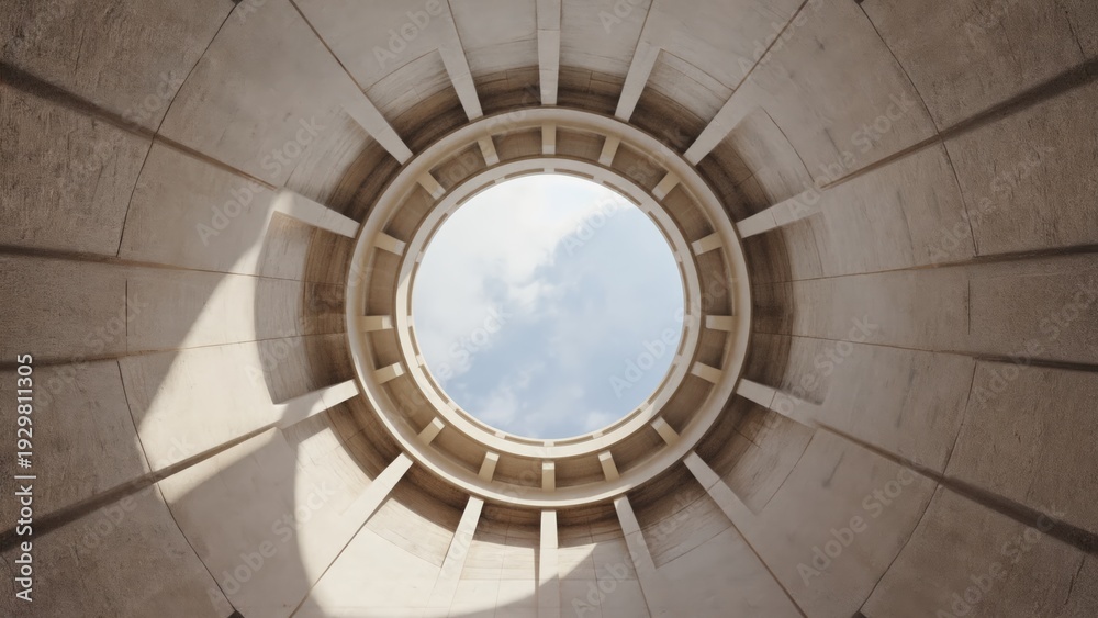 Fototapeta premium Minimal Monumental Circular Architectural Void with Zenithal Light. Premium abstract corporate background featuring radial symmetry, depth and refined modern design.