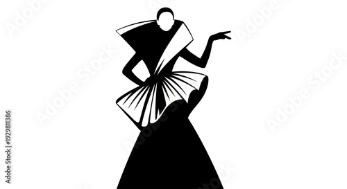 A woman dancing with a fan, captured in a dynamic silhouette illustration from a front viewpoint