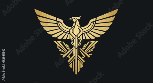 Golden bird emblem illustration with outstretched wings on a dark background, symbolizing freedom and elegance