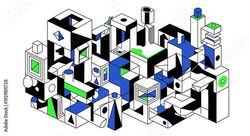 Isometric illustration of abstract geometric shapes and structures in a futuristic cityscape with industrial elements viewed from above