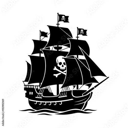 Pirate galleon with skull and crossbones flags and main sail, traveling on ocean waves, representing danger and exploration