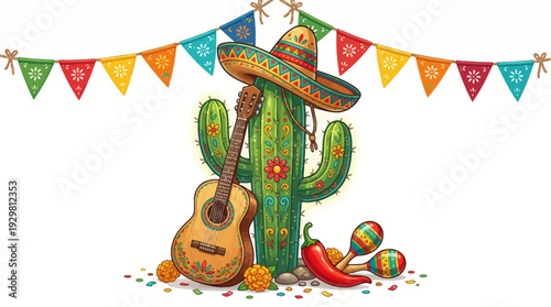 Mexican Fiesta Celebration Illustration with Sombrero, Cactus, Guitar and Colorful Bunting Flags
