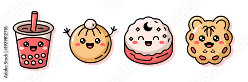 Smiling Asian food vector stickers - Perfect for scrapbooking.