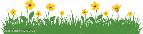 Cartoon green grass with yellow flowers on white background for design elements